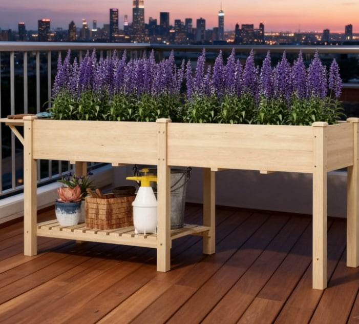 Elevated Garden Bed, Wood Raised Garden Box with Side Table, Bottom Shelf, Bed Liners and Drainage Holes