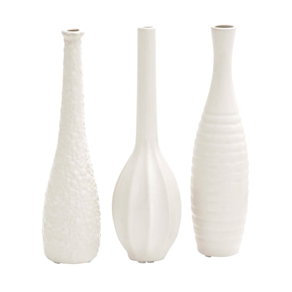 CosmoLiving by Cosmopolitan 3"W, 12"H Slim Textured Bottleneck White Ceramic Vase with Varying Patterns, Set of 3