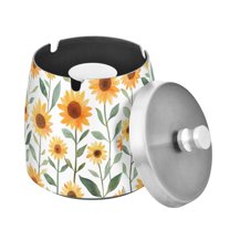 Yayeee Ashtray with Lid for Cigarette Smokeless Stainless Steel Home Ash Holder, Sunflowers and Leaves Pattern