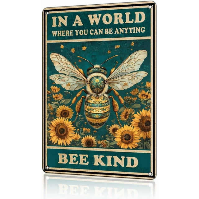 Funny Garden Decor Be Kind Bee Flower Vintage Metal Signs Garden Tin Sign for Home Outdoor Wall Decor 8×12 Inch