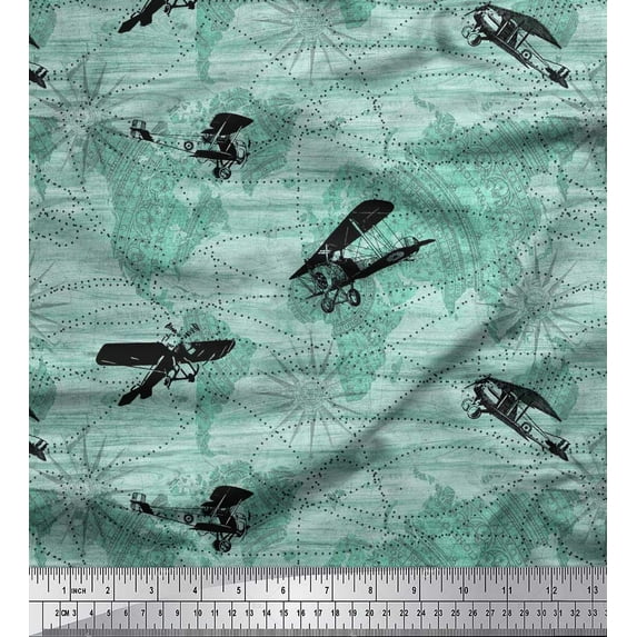 Soimoi Polyester Crepe Fabric Dot,Airplane & Map Fabric Prints by Yard 52 Inch Wide