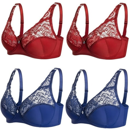 

Bras for Women Support and Lift Big Breast - Embroidery Floral Lace 3/4 Cups Non-Padded Plus Size Push up Full-Coverage Wirefree Bra for Everyday Wear(4-Packs)