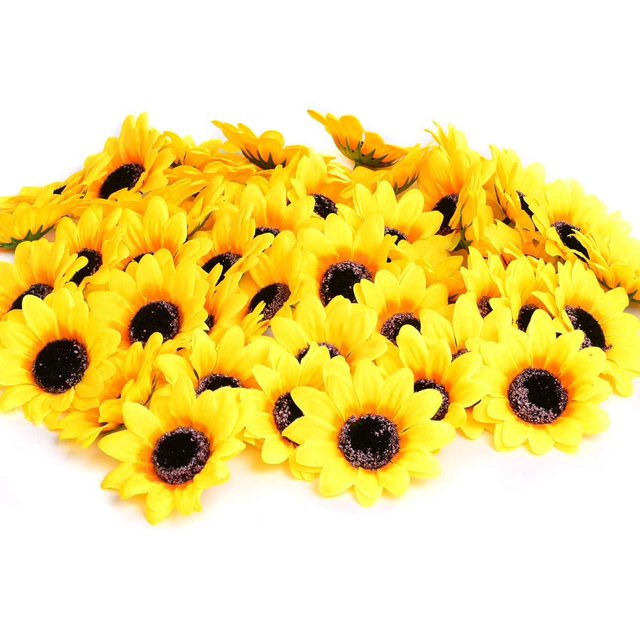 50 2,8 cabezas de girasol artificiales de seda amarilla, tela floral para decoración del hogar, decoración de bodas, novia sosteniendo flores, decoración artística artesanal de jardín