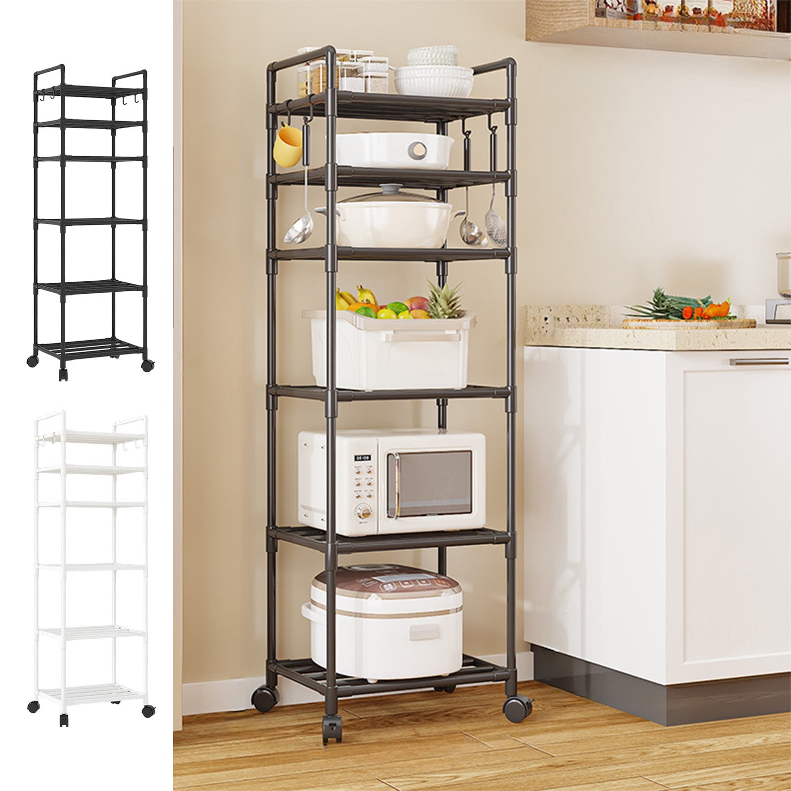 Kitchen Storage Rack, Multi-layer Rolling Cart, Plastic Shelving Unit, 66.93x16.54x12.6 Inches, with 360° Wheels for Home or Bathroom,Cable Knit,YISHFHP,Black