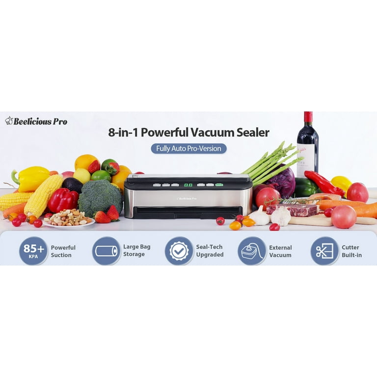 Vacuum Sealer Machine with Starter Kit, Beelicious 8-in-1 Powerful Food Vacuum Sealer, with Pulse Function, Moist&dry Mode and External VAC for Jars