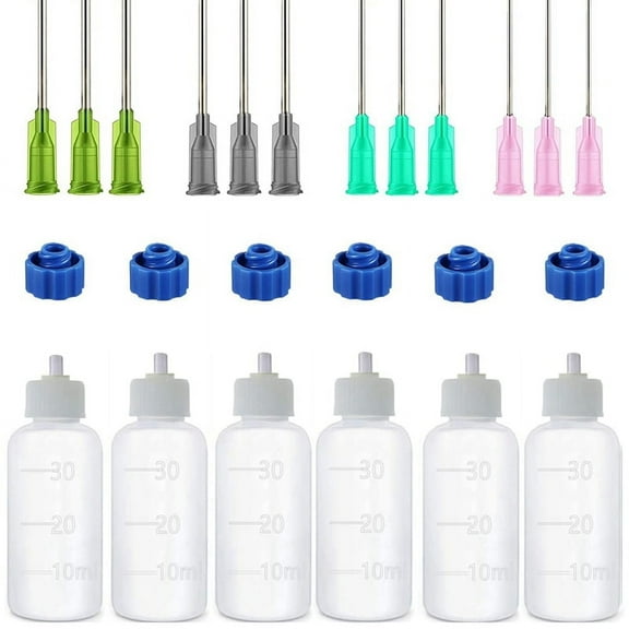 6 Pcs Glue Applicator Bottles, 30ml Plastic Squeezable Dropper Bottles with Blunt Needle Tip 14ga 16ga 18ga 20ga