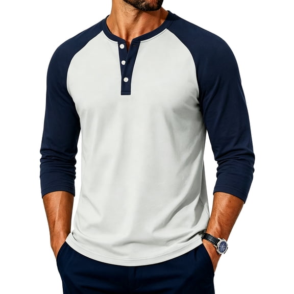 FGVCTG Henley Shirts for Men Casual Raglan 3/4 Sleeve Shirts Color Block Button Placket Casual Baseball T Shirts Navy L