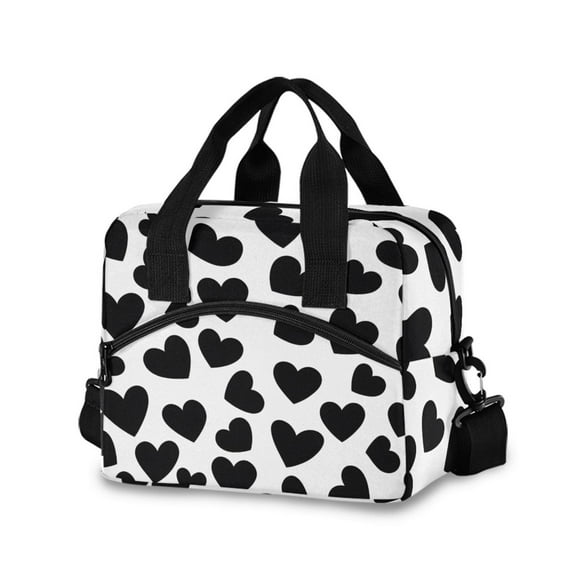 joogoo Black Heart Pattern Insulated Lunch Bags Reusable Cooler Box with Shoulder Strap