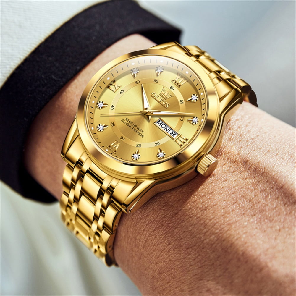 OLEVS Watches for Men Classic Business Dress Analog Quartz Stainless Steel Waterproof Luminous Date Diamond Mens Wrist Watches Relojes De Hombre,Gold/Blue/Black Dial