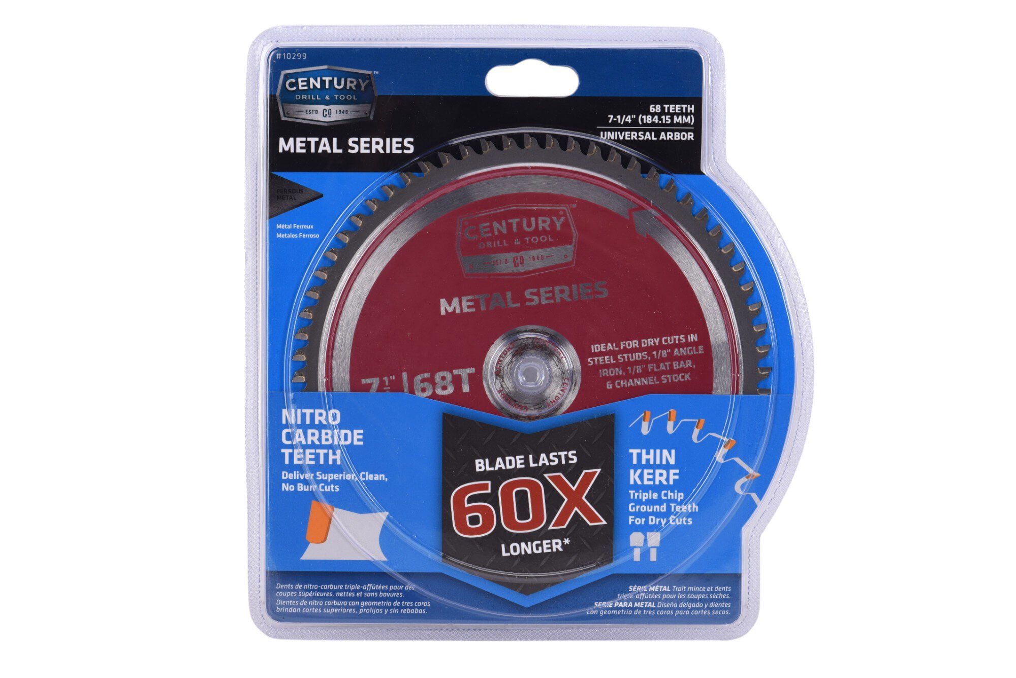 Century Drill & Tool 10299 7-1/4” 68T Metal Cutting Saw Blade, Nitro Carbide Teeth, No Burr Cuts, Thin Kerf, Long Life, Anti-Kickback Safety