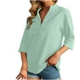 thumbnail image 7 of Odeerbi Cotton Linen Shirts for Women Summer V-Neck Long Sleeve Button Blouse Loose T-shirt Tops Green, 7 of 7
