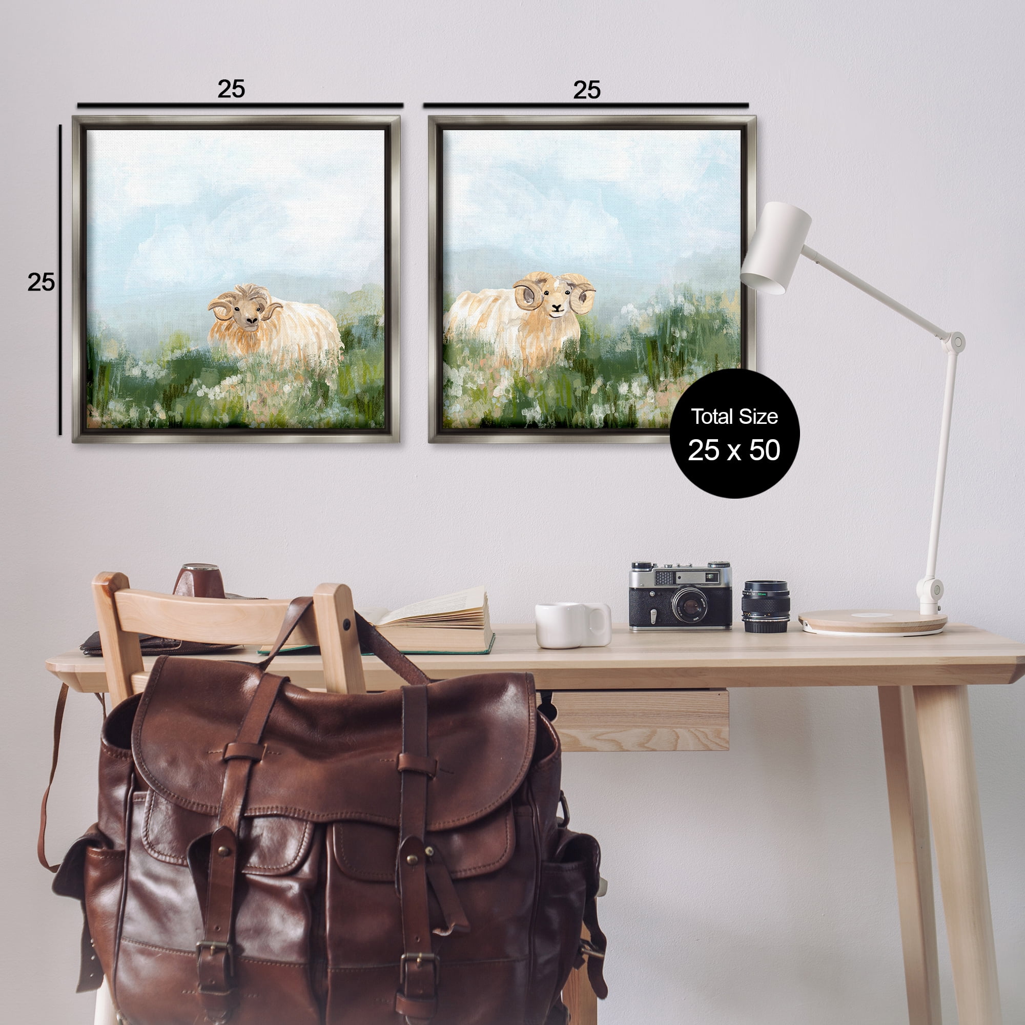 Stupell Industries Curly-Horned Sheep Field Animals Painting Gray Floater Framed Canvas Art Print Wall Art, 25 x 25, Set of 2