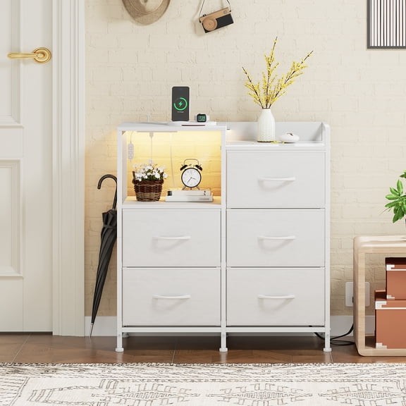 Eunos 5 Wide White Drawers Dresser with Charging Station and Open Shelf for Bedroom Closet Dorm