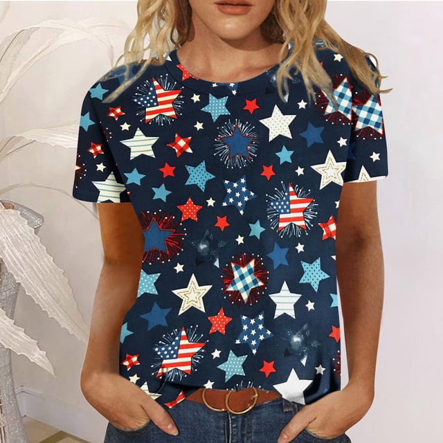 T-Shirts d'Été pour Femmes Grande Taille, Hauts d'Été pour Femmes, T-Shirts d'Été Décontractés à Col Rond à Manches Courtes, Imprimé Drapeau, Coupe Ajustée, Hauts Basiques, Tees, Blouses, T-Shirt à Col en V pour Femmes en Liquidation