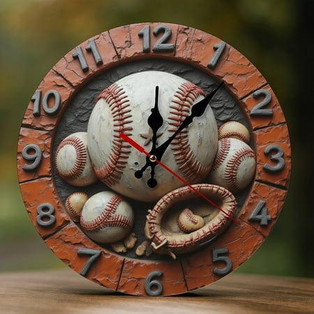 Wall Clock Decorative - Rustic Baseball Pattern Print 2D Vintage Wall Clocks Battery Operated Silent Non-Ticking for Bedroom, Living Room, Kitchen, Office, Classroom, 10 Inch