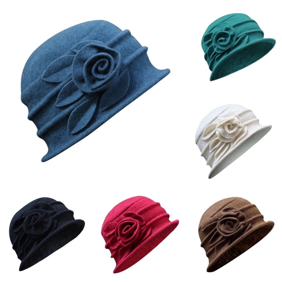 LiuXxxx Elegant Wool Bucket Cloche Hat for Women Winter Flower Design Ladies Baseball Cap Stylish Headwear Blue