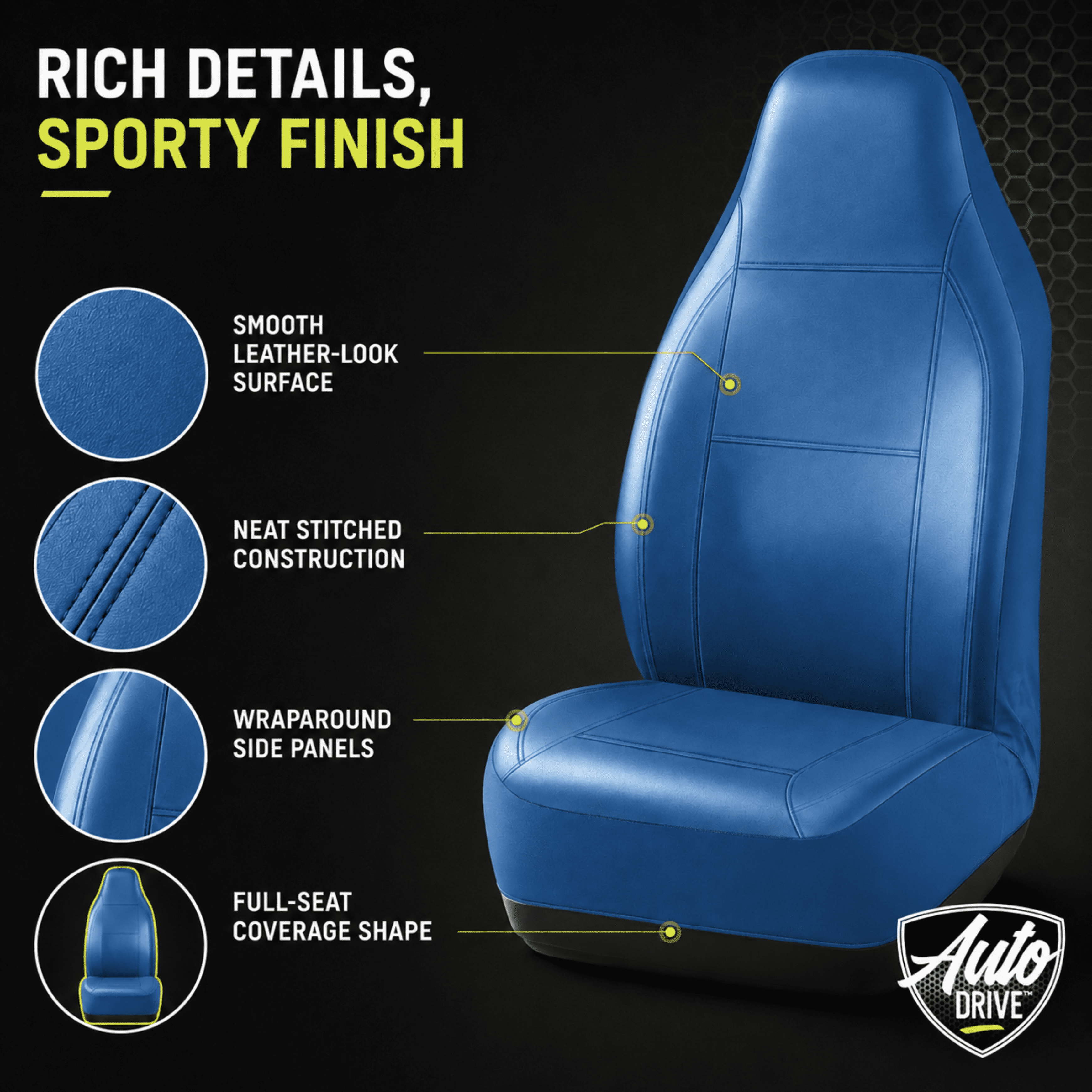 Auto Drive Car Seat Cover,High Back Full Leather Seat Protector Front Seat, Premium Comfortable Anti-Slip, Airbag Compatible Universal Fit for Cars SUVs Trucks，Blue