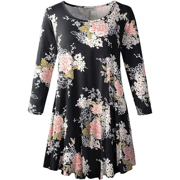 Siddhe Plus Size Women's 3/4 Sleeve V-Neck Tunic Top - Black Gray Floral Print, 5XL