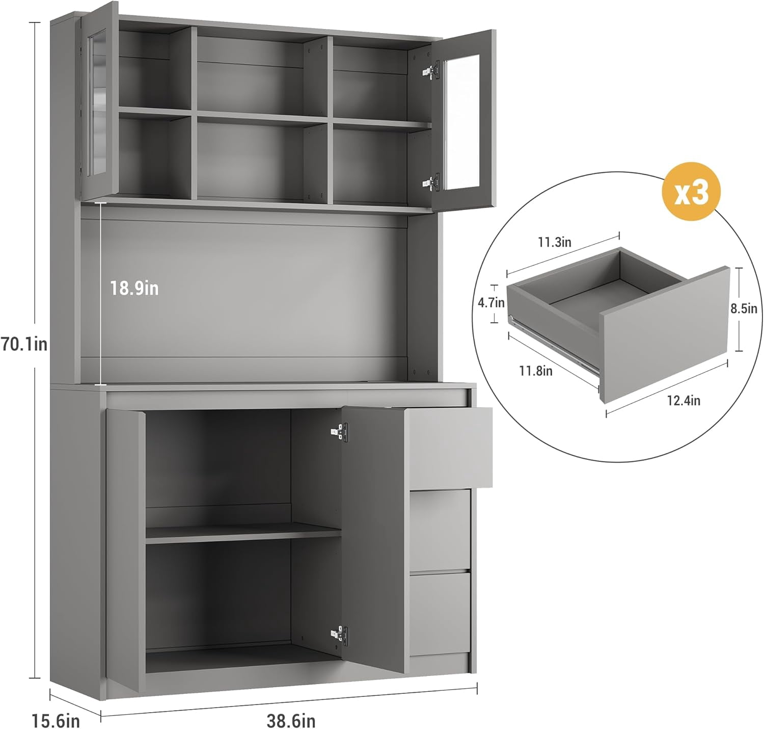 Freestanding Pantry Cabinet with Adjustable Shelf, Food Pantry with 4 Doors & 3 Drawers, Kitchen Pantry Cabinet with Built in Power Hub for Dining Room Gray