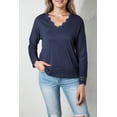 thumbnail image 5 of Women's Blue Ribbed Texture Lace Trim V Neck Long Sleeve Top, 5 of 5