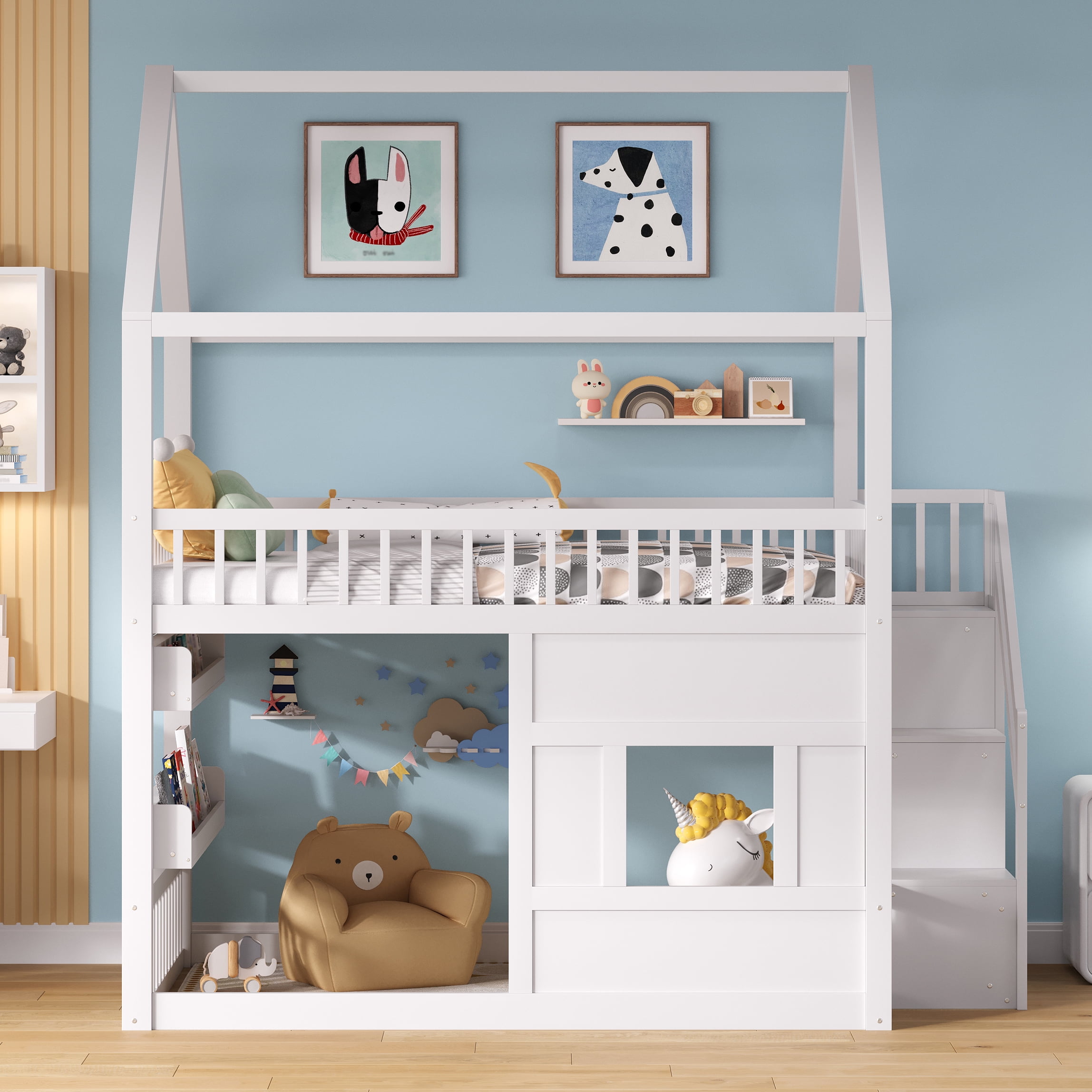Euroco Wood Full over Full Bunk Bed with Staircase, House Bed with LED Light, White