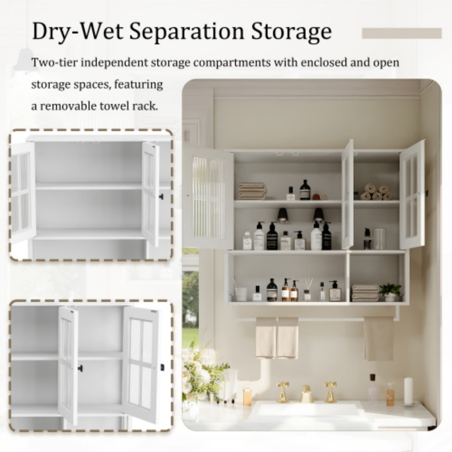 Bathroom Wall Cabinet 3 Door Storage Cabinet with Tempered Glass Doors, Open Shelf and Towel Bar, Wall Mounted Medicine Cabinet for Bathroom Entryway Living Room Dining Room, White