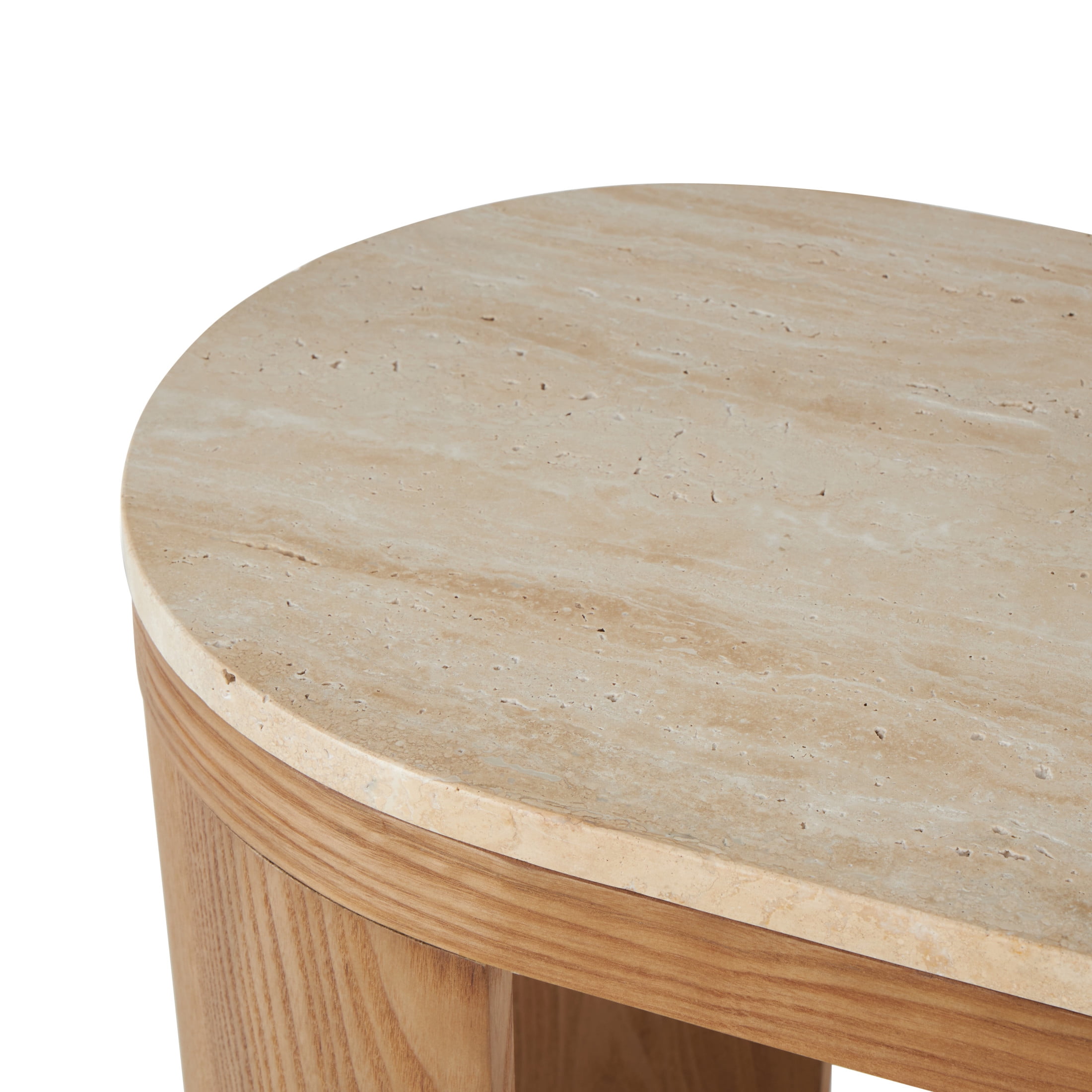 DecMode 44" x 32" Brown Wood Curved Crescent Console Table with Oval Beige Marble Tabletop, 1-Piece