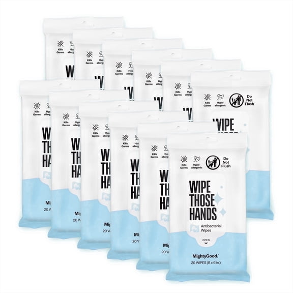 Wipe Those Hands Antibacterial Wipes - Alcohol & Fragrance-Free - 12 Packs of 20, 240 Total