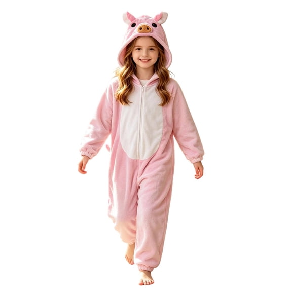 Byoo Toddler Girl Halloween Dress Up Hooded Jumpsuit Pig Animal Fleece Loose Fit Cozy Role Play Onesie Loungewear