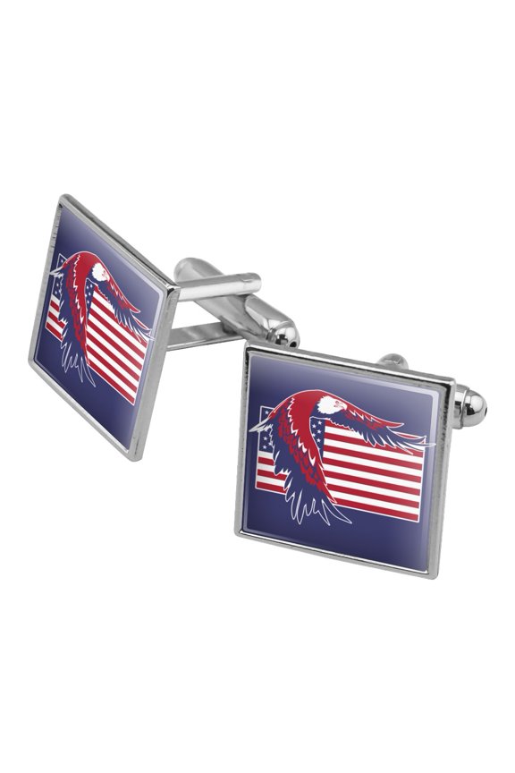 Patriotic Red White And Blue American Bald Eagle Over USA Flag Square Cufflink Set - Silver or Gold