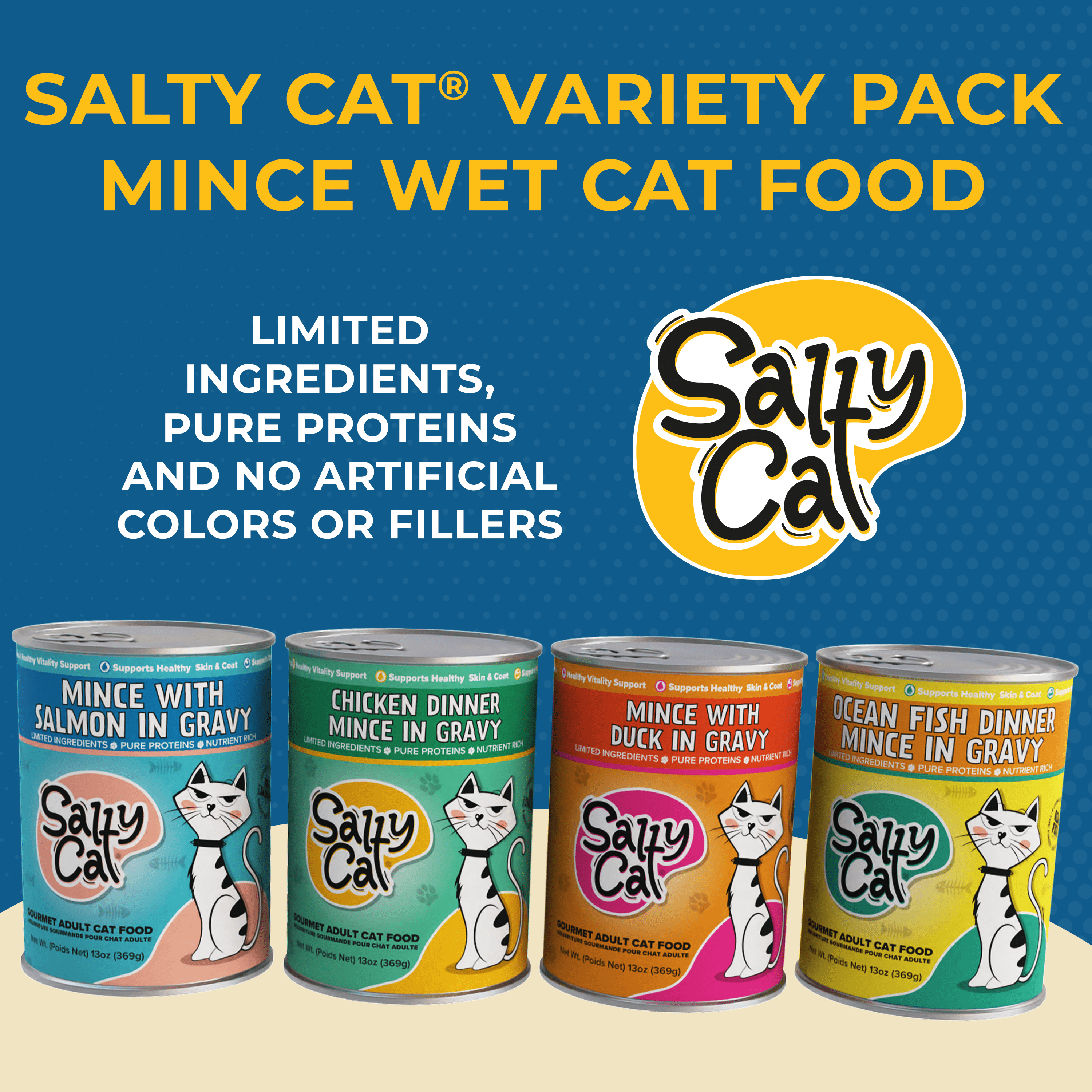 Salty Cat Premium Corn-Free Salmon, Chicken, Duck & Ocean Fish Flavor Mince in Gravy Wet Cat Food Variety Pack, 156 oz (12 Pack)