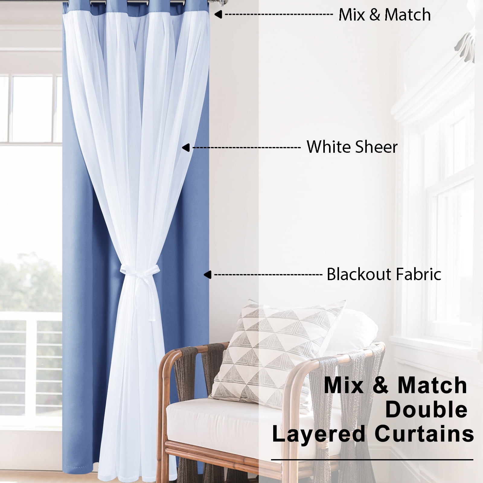 Hiasan Blackout Curtains with Sheer 84 Inches Long, Grommet Thermal Insulated Mix & Match Double Layer Window Curtains for Bedroom, Living Room, 2 Drape Panels with Tiebacks, Dust Blue, 52W X 84L