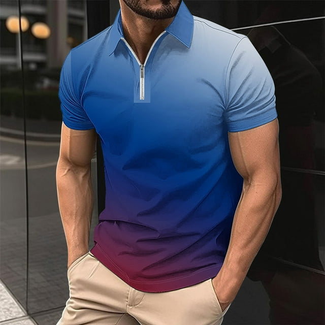 T-Shirt à Manches Courtes Imprimé Décontracté pour Hommes Col Rabattu Fermeture Éclair