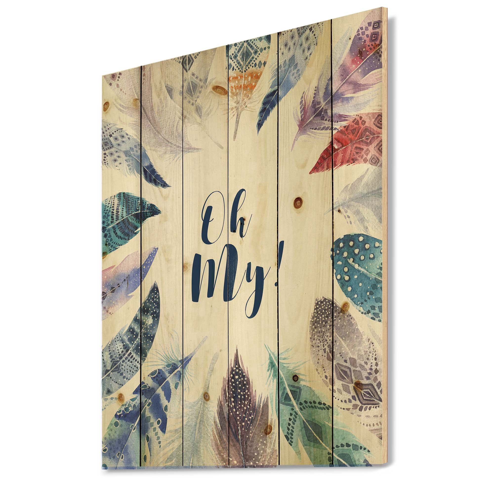 Designart 'Vital Blue Feathers Oh My' Bohemian & Eclectic Print on Natural Pine Wood