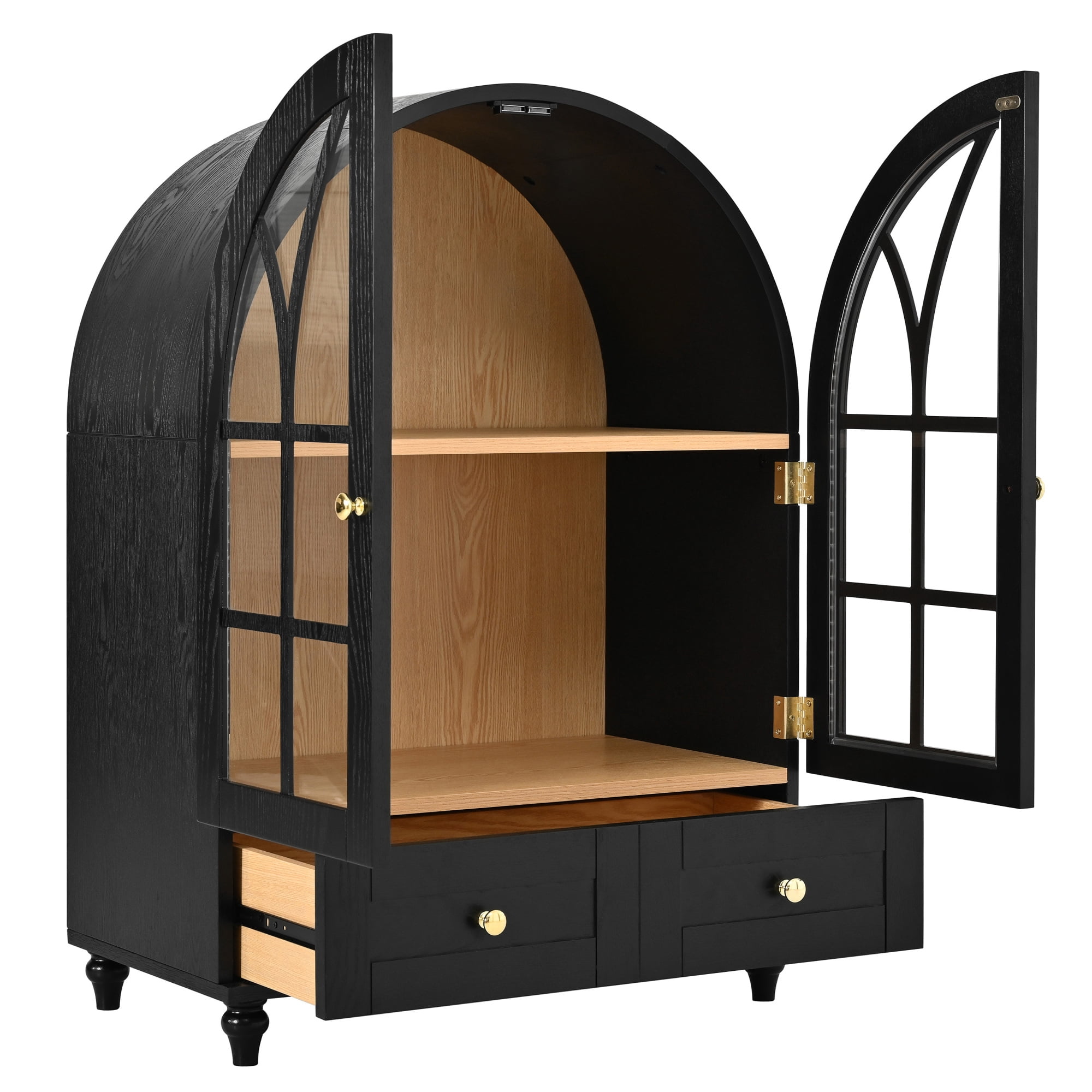 Leumius Arched Display Cabinet with Tempered Glass Doors,Wood Storage Cabinet with Natural Wood Grain Finish, Solid Wood Legs Accent Cabinet with Drawers for Living Room Dining Room Office Black