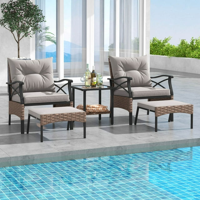 Costway Juego De Muebles De Patio De 5 Piezas, Sillones De Mimbre Con Mesa De Centro De 2 Niveles Y 2 Otomanas, Cojines Suaves Para Asiento Y Respaldo Incluidos, Para Exteriores