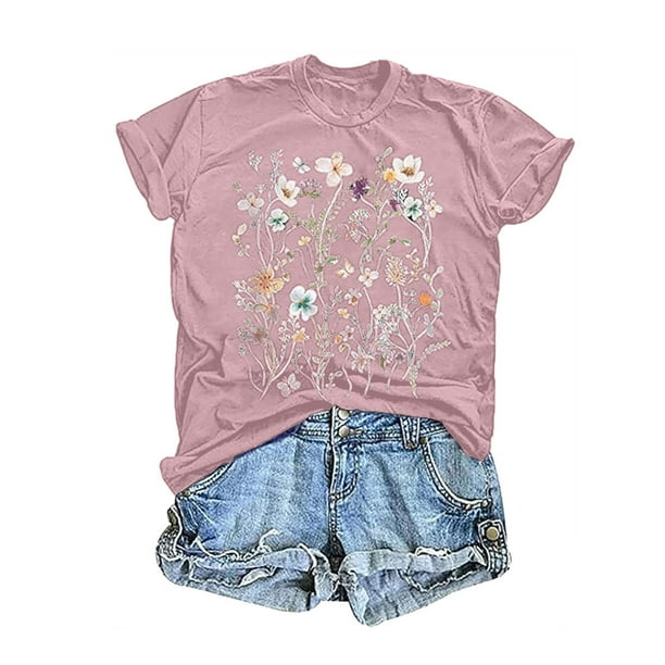 MKLEKYY Playeras Mujer Casual Camiseta Corta Con Estampado Floral Para Mujer, Cuello Redondo, Manga Corta, Top 312 Talla M