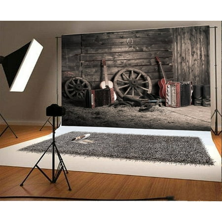 Image of MOHome 7x5ft Photography Backdrop Old Barn Western Cowboy Vintage Wheel Boots Guitar Gloomy Stripes Wood Plank Straw Photo Background Children Baby Adults Portraits Backdrop