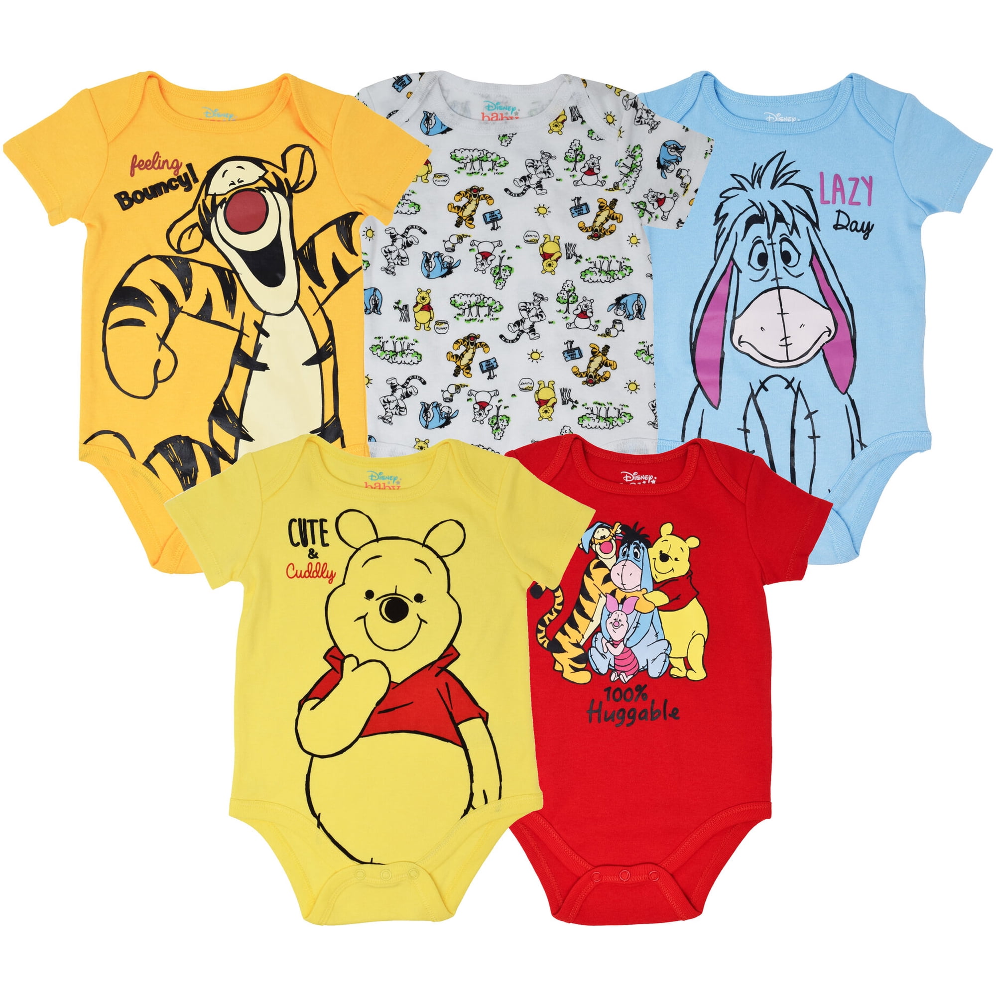Disney Winnie the Pooh Baby Boys' 5-Pack Short Sleeve Bodysuits Yellow Red Multi