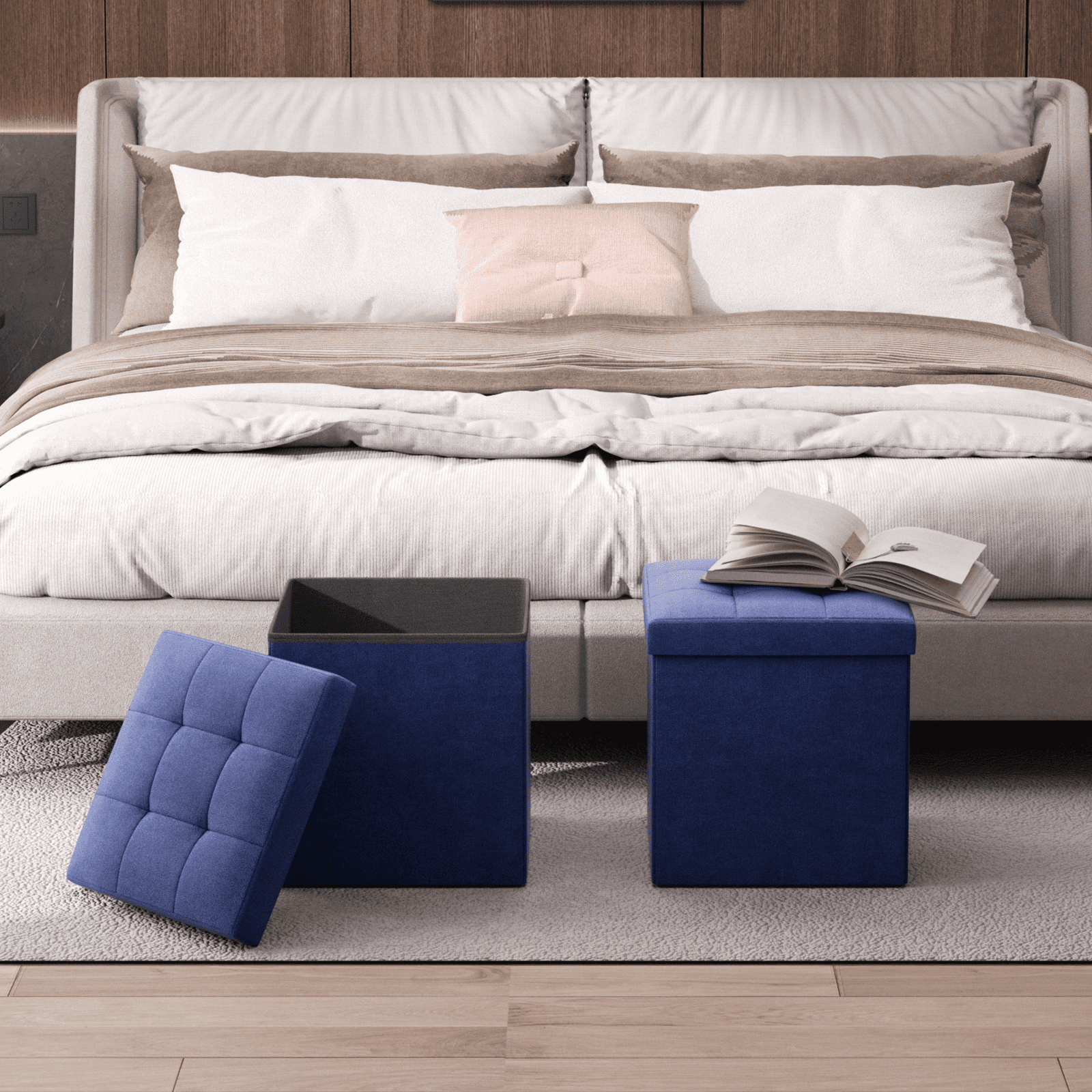 Magshion 15" Cube Folding Ottoman with Storage, Cotton-linen Collapsible Storage Ottoman Foot Stool, for Living Room Bedroom Entryway, Navy Blue