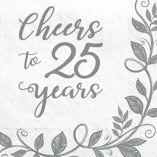 Happy 25Th Anniversary Silver White Wedding Party Paper Beverage Napkins