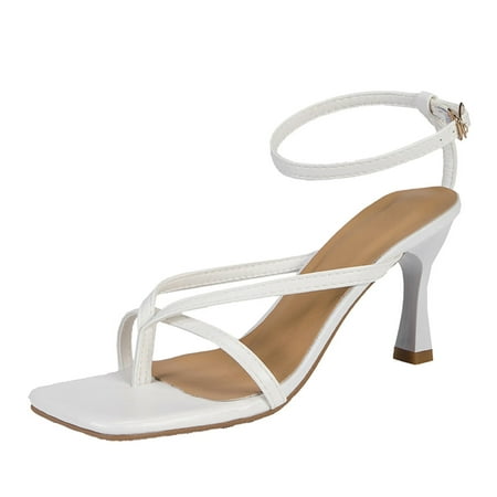 

sandals for Women Fashion Summer Women Sandals High Heel Ankle Buckle Strap Thong Solid Color Casual Style PU heeled sandals White