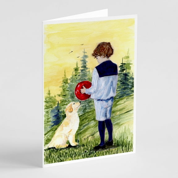 Little Boy with his Golden Retriever Greeting Cards and Envelopes Pack of 8