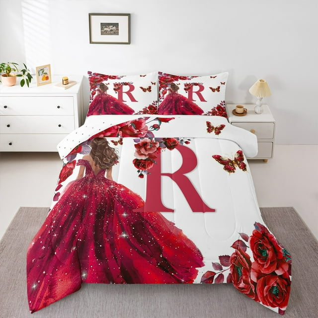 Erosebridal Ensemble de Literie Initiale R, Ensemble de Couette Fleur Rose, Couette Réversible Robe de Princesse Dorée, Décoration de Chambre en Microfibre, 2 Pcs
