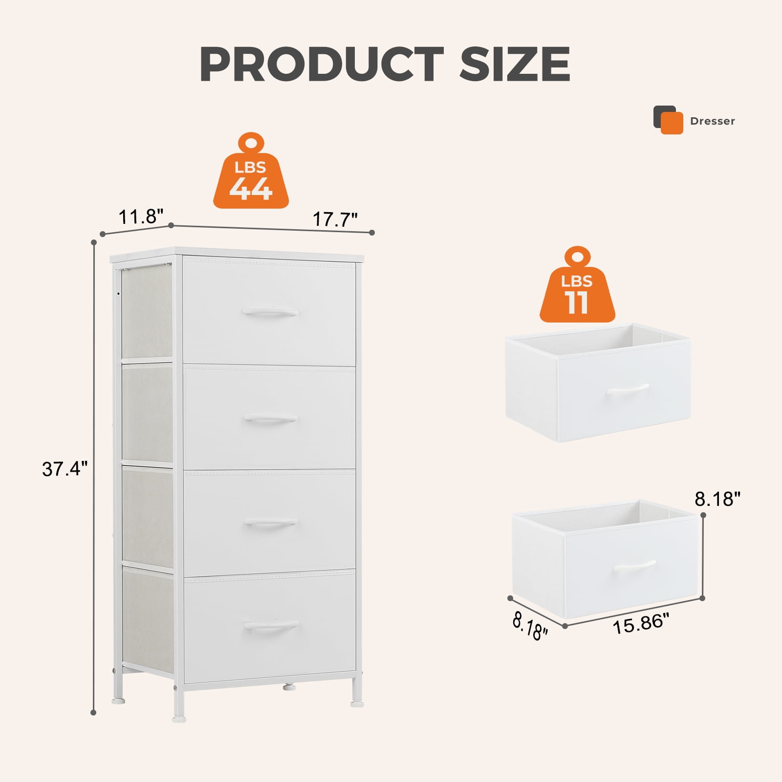 CONCETTA 4-Drawer Fabric Dresser Storage Chest for Bedroom, Closet, Storage Furniture for Adults, White