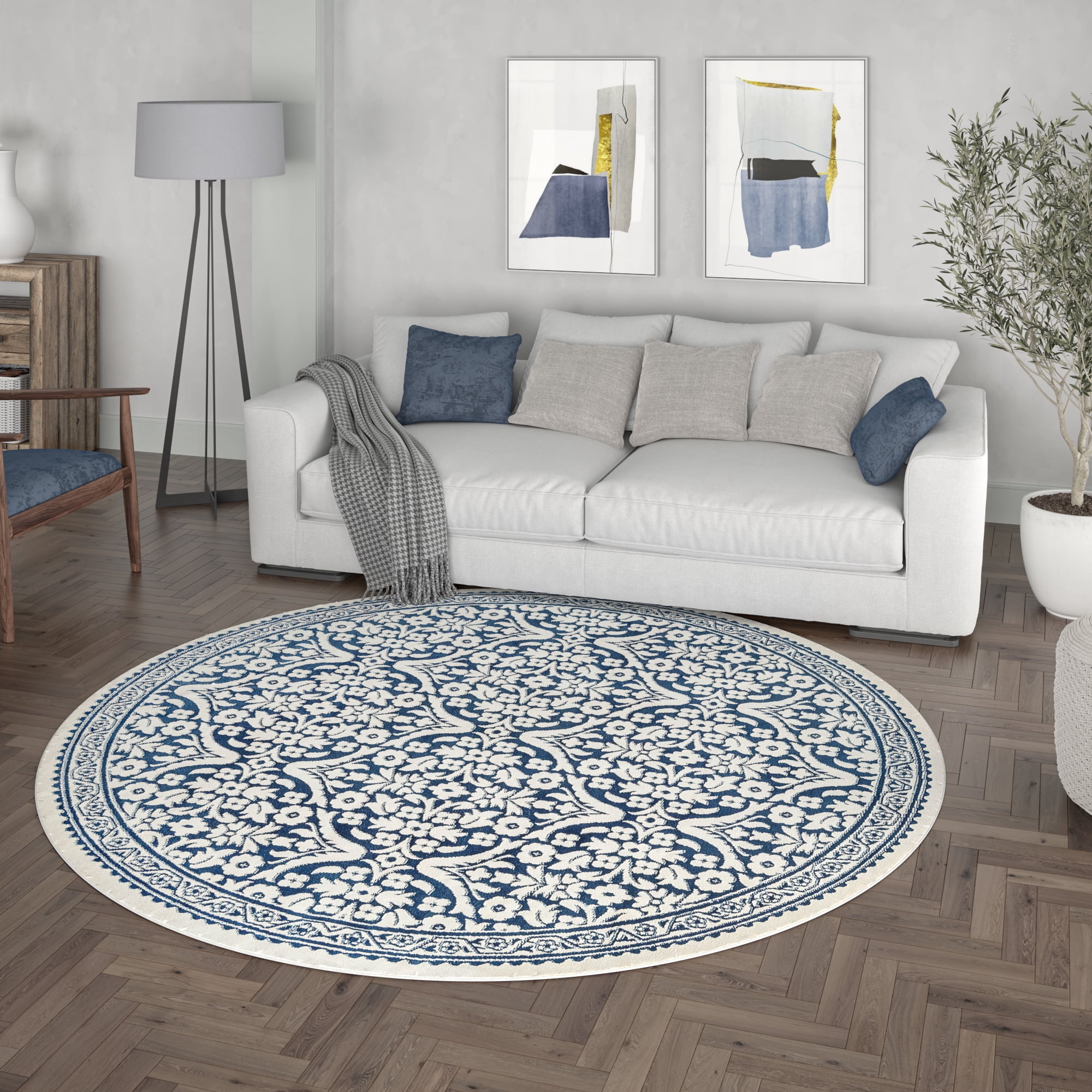 Madison Traditional 5' Round Dark Blue Polypropylene Indoor Area Rug