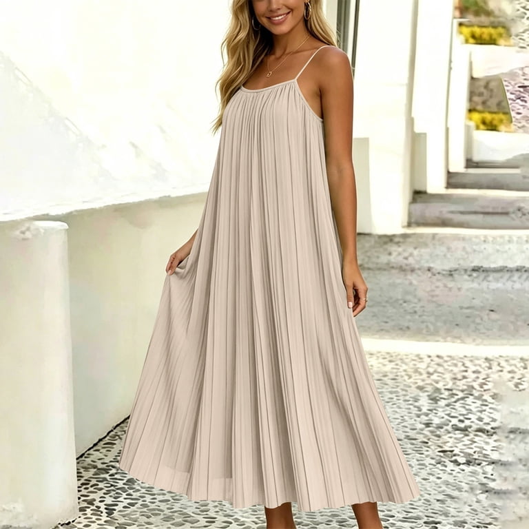 pleated slip dress Miluxas Women's Spaghetti Strap Pleated Sleeveless Midi Dress Square Neck  Looes Flowy Long Dress Lightweight Summer Beach Vacation Slip Dress Beige