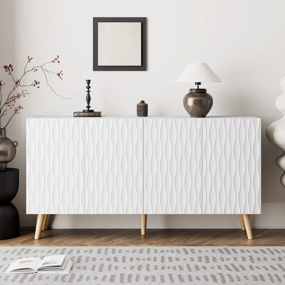 AVAWING Wave Fluted Cabinet with Storage, 4 Doors Sideboard Buffet, Modern Accent Cabinet, White