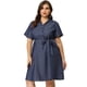 thumbnail image 4 of Women's Plus Size Dress Wrap Belted Turndown Collar Chambray Dress Black Blue 3X, 4 of 7