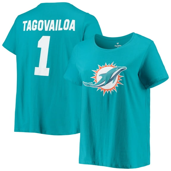 Women's Tua Tagovailoa Aqua Miami Dolphins Plus Size Fair Catch Name & Number Scoop Neck T-Shirt